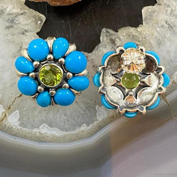 Carolyn Pollack Sterling Silver Turquoise & Faceted Peridot Flower Stud Earrings - Picture 6 of 9
